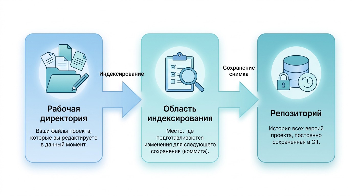 Три уровня Git: рабочая директория, область индексирования и репозиторий