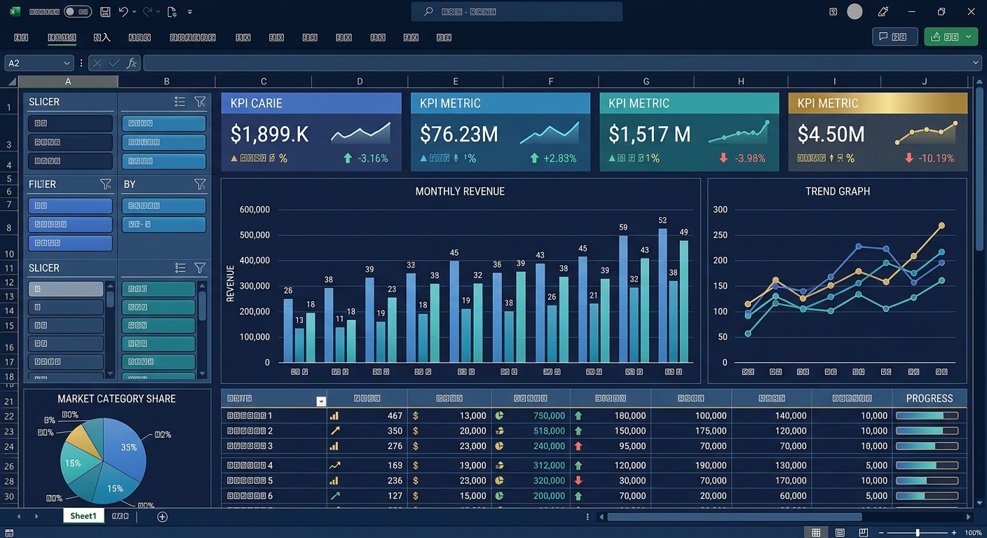 Готовый дашборд продаж в Excel с заполненными блоками и KPI-картами