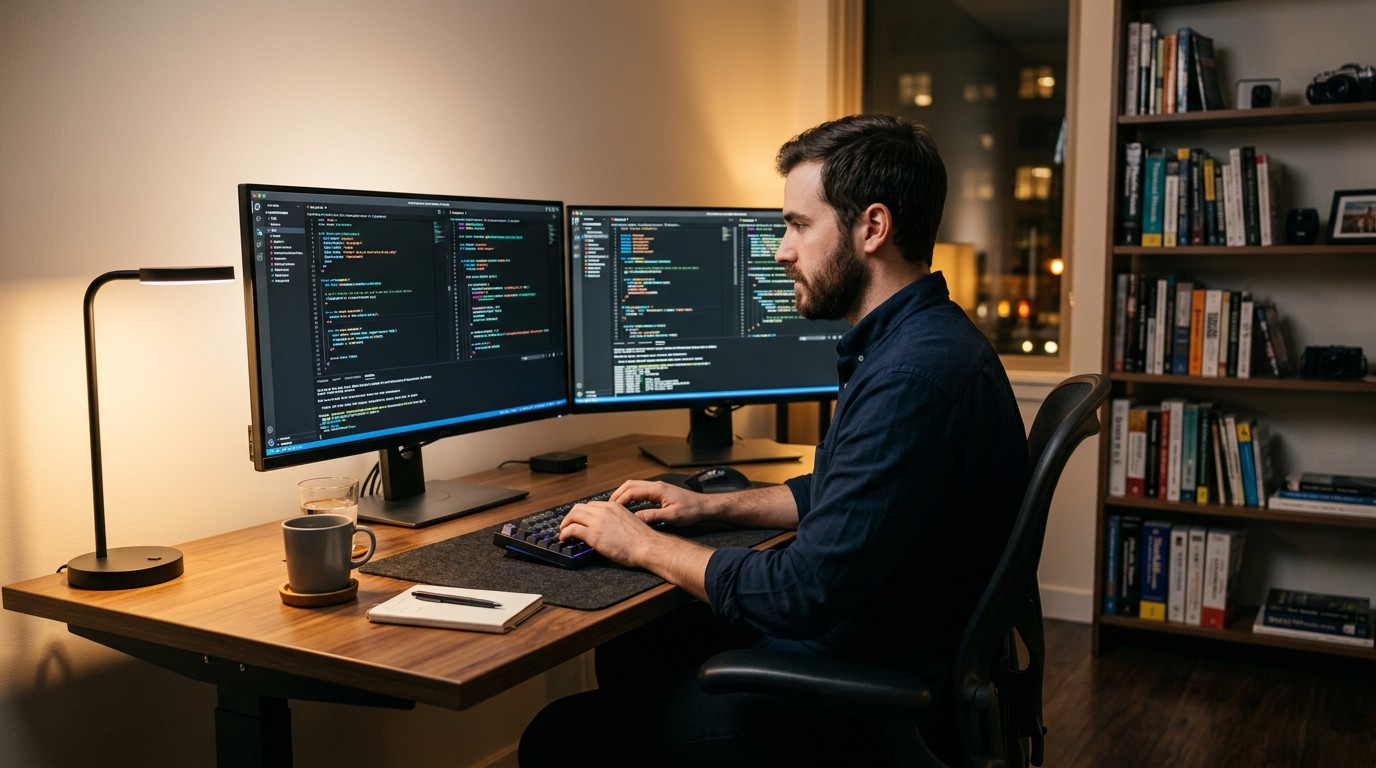 Разработчик за двумя мониторами с открытой IDE и кодом