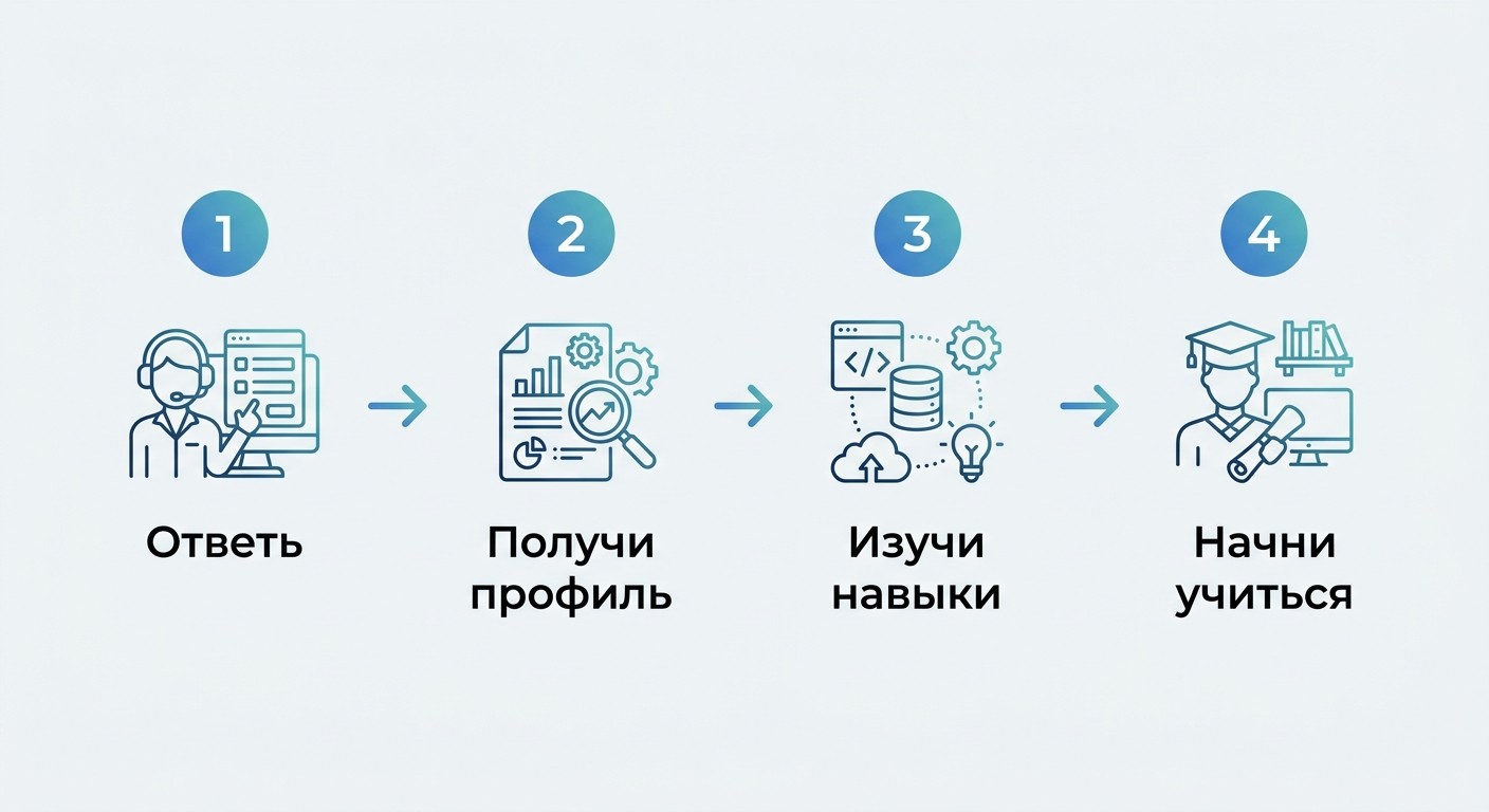 Инфографика 4 шага прохождения теста на IT-профессию