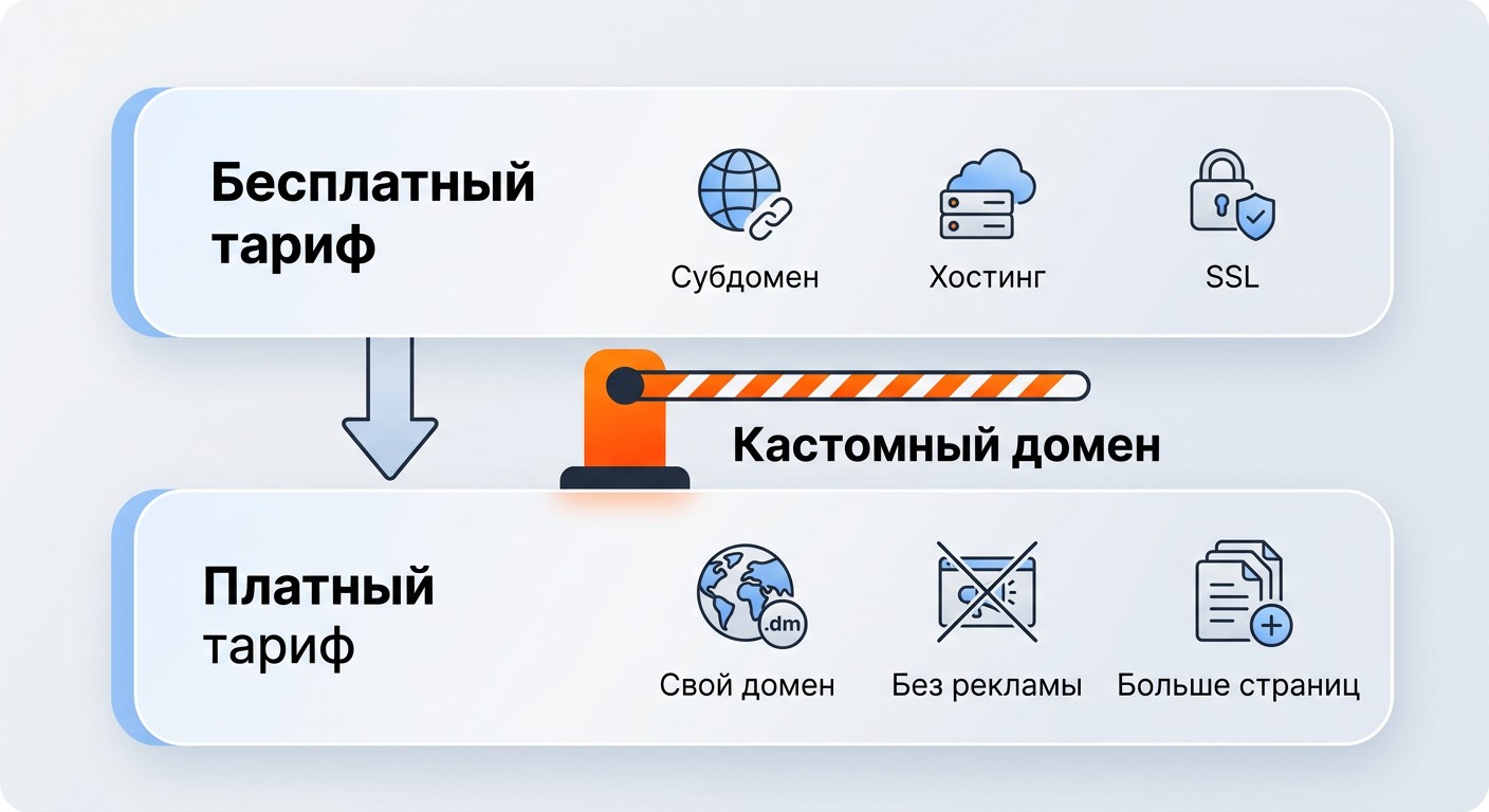 Инфографика логики апгрейда с бесплатного на платный тариф конструктора