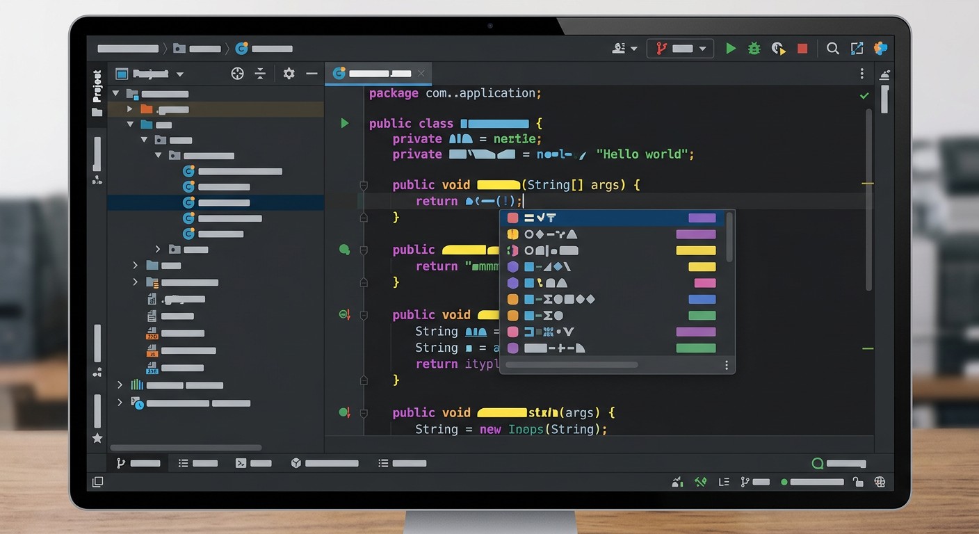 Тёмный интерфейс Java IDE с деревом пакетов и подсказкой автодополнения