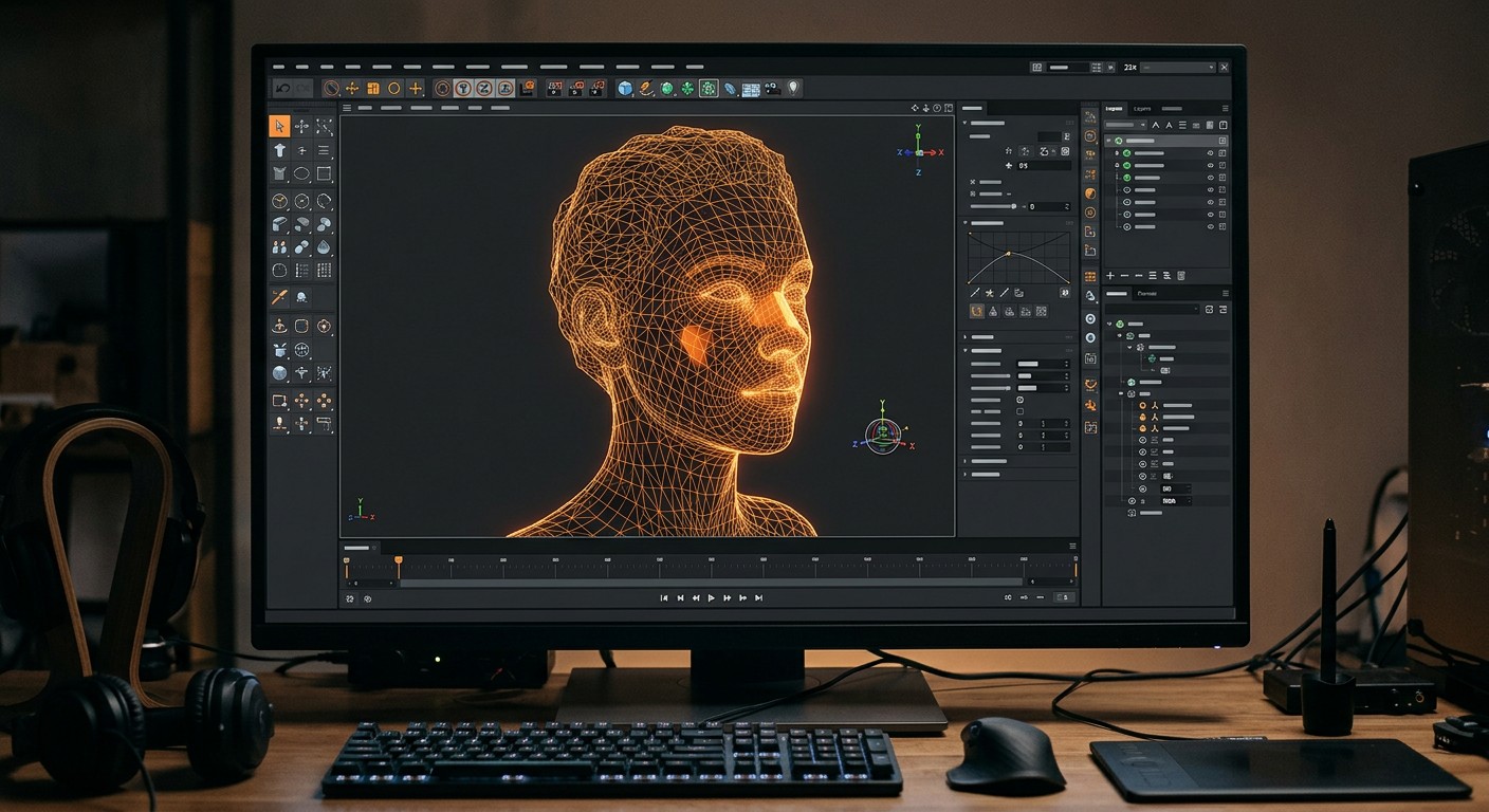 Интерфейс 3D-редактора с каркасной моделью в режиме отображения сетки