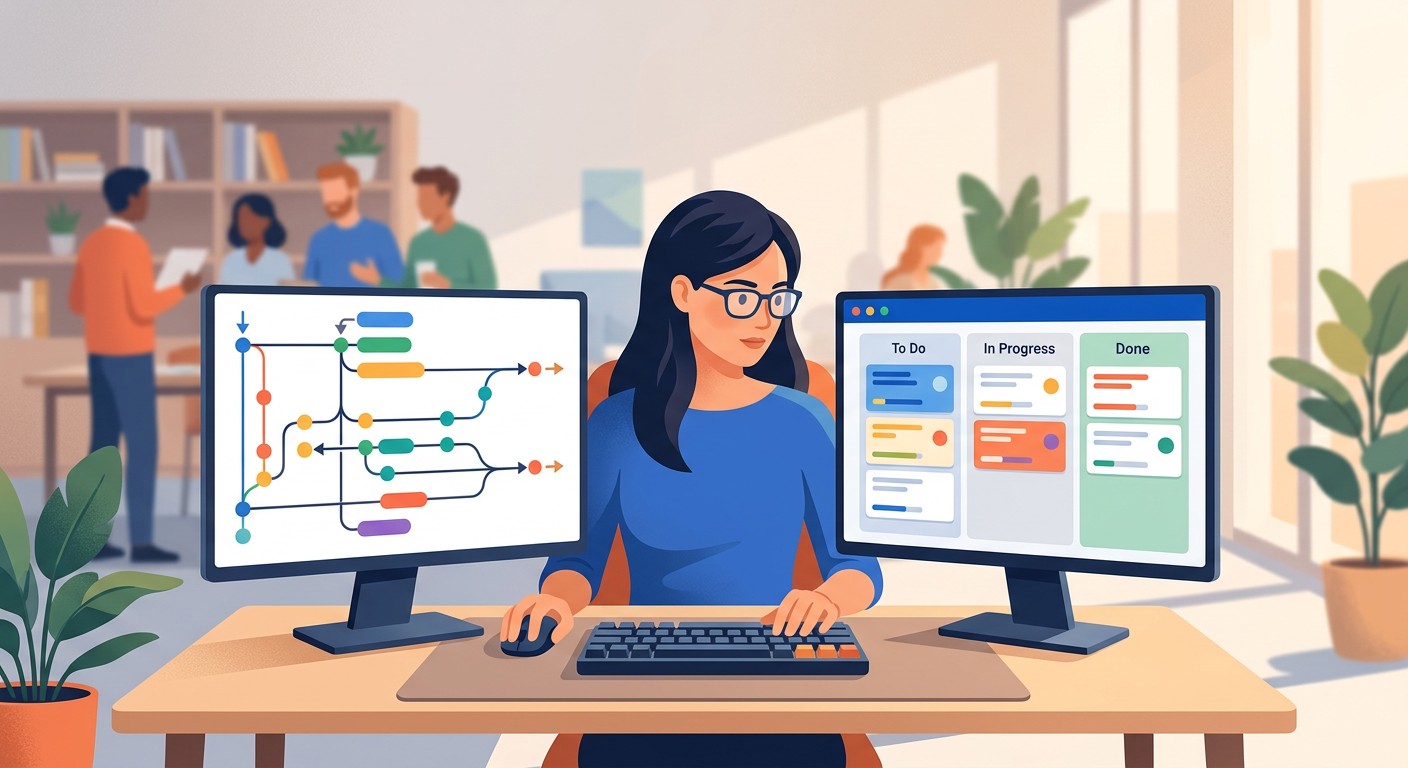 Разработчик за двумя мониторами — Jira с интеграцией системы контроля версий