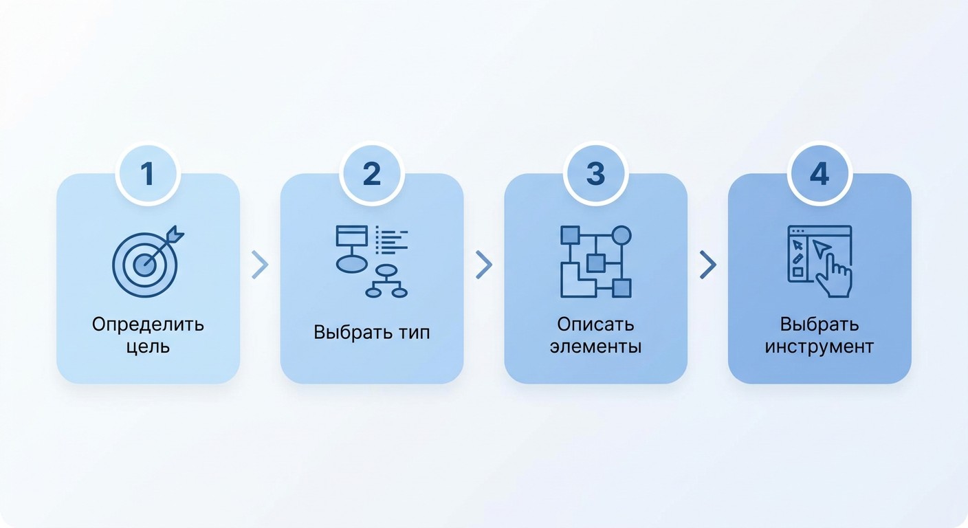 Четыре шага построения UML-диаграммы: цель, тип, элементы, инструмент