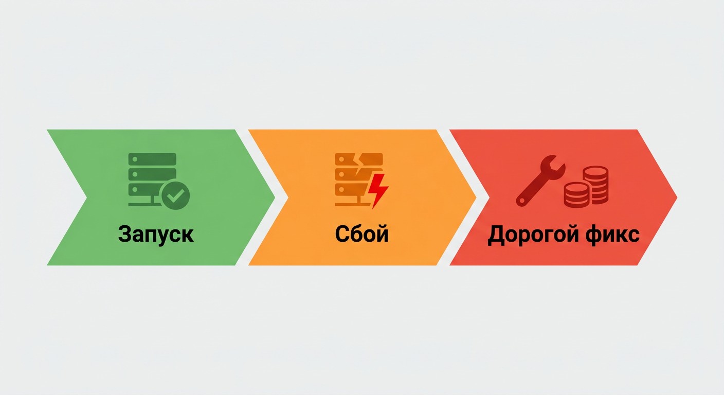 Схема: запуск без НФТ — сбой системы — дорогостоящий фикс
