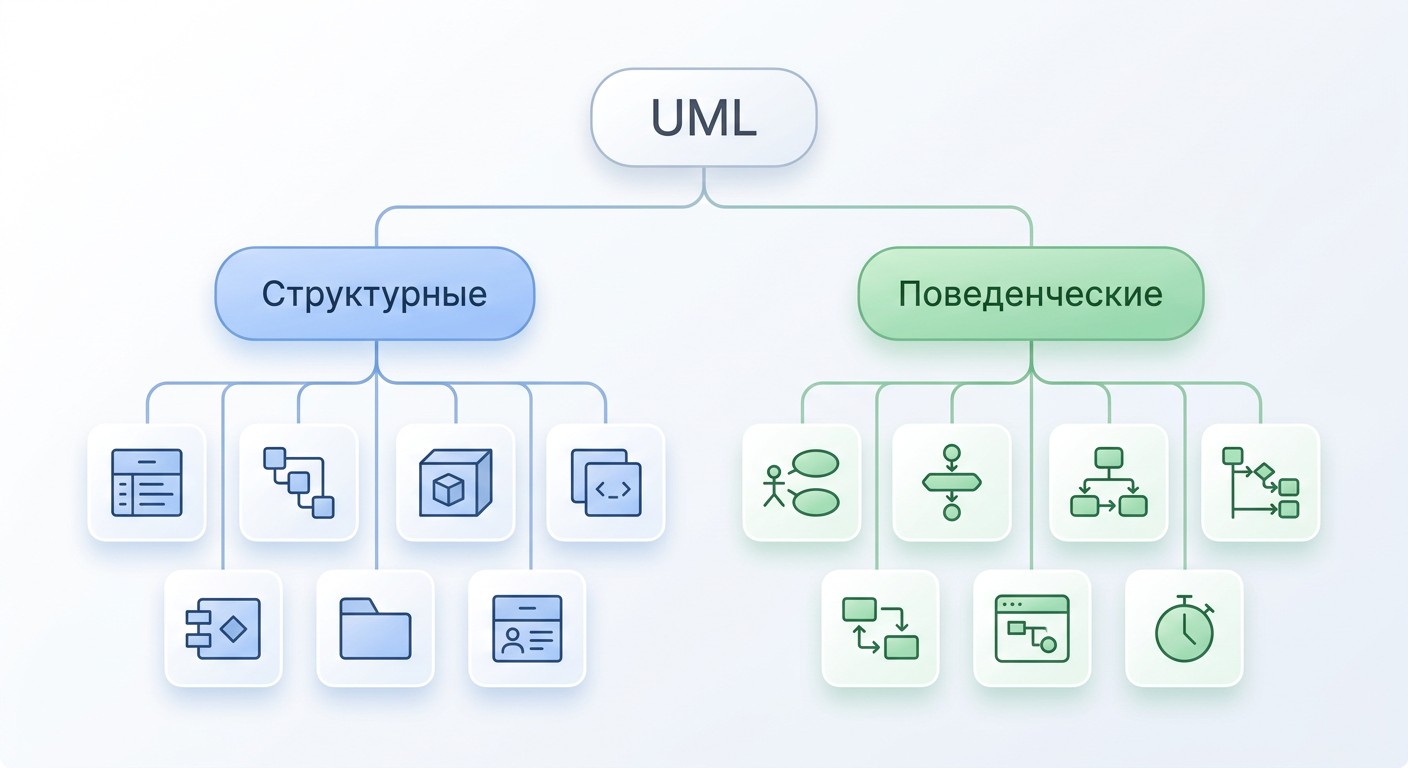 Классификация UML-диаграмм: дерево из 14 видов, структурные и поведенческие