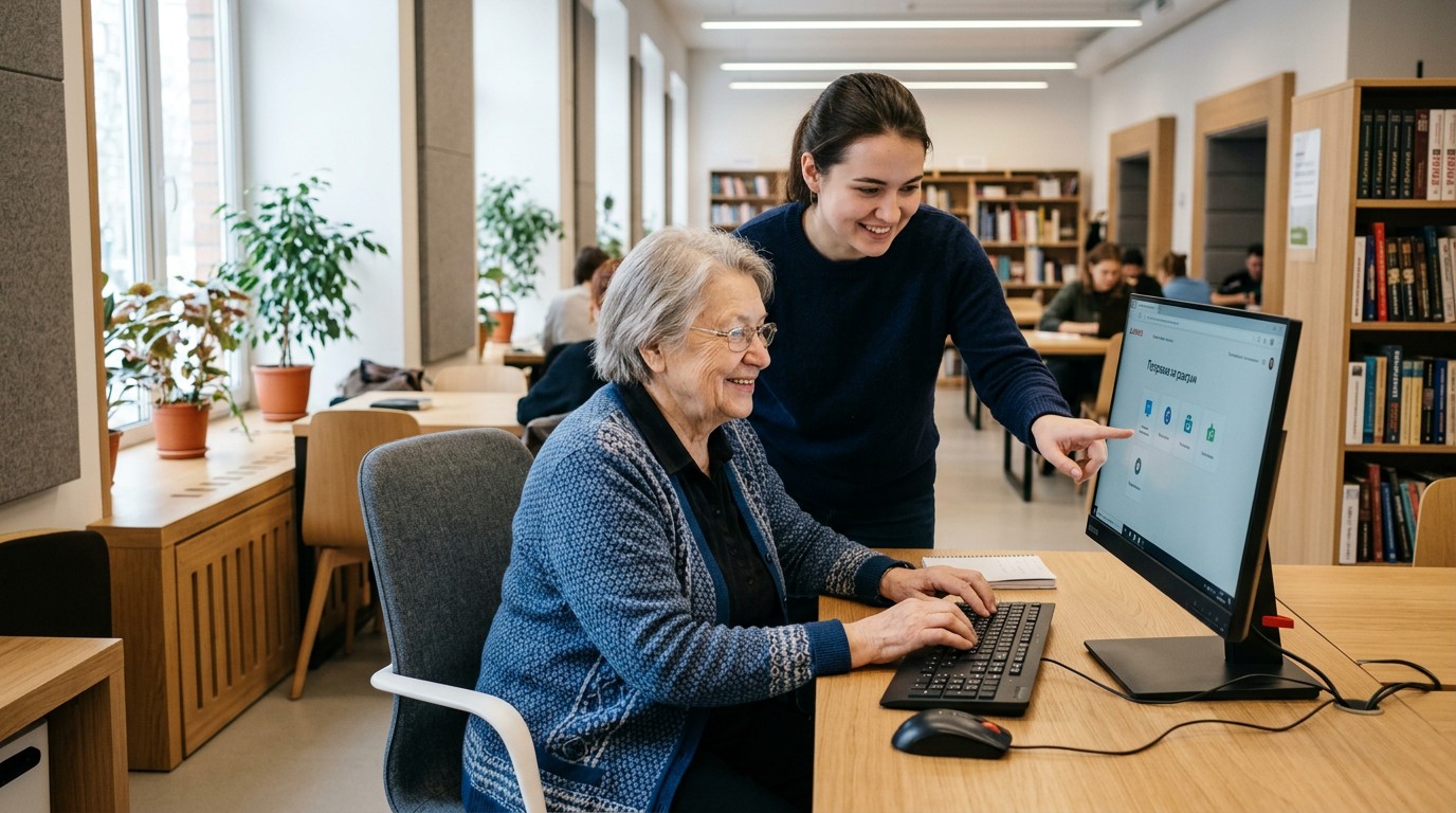 Пожилая женщина осваивает компьютерную грамотность с помощью преподавателя