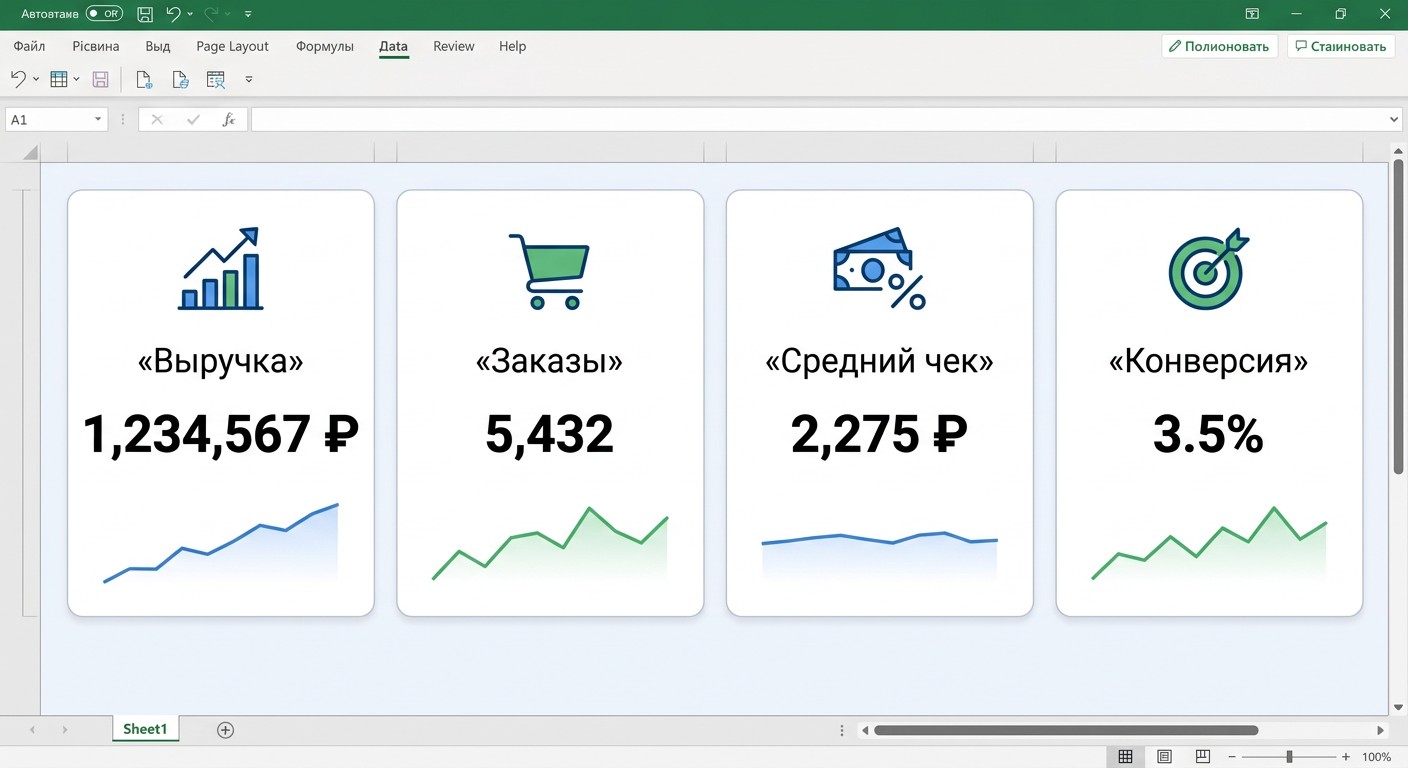 KPI-плитки со спарклайнами и метриками на дашборде в Excel