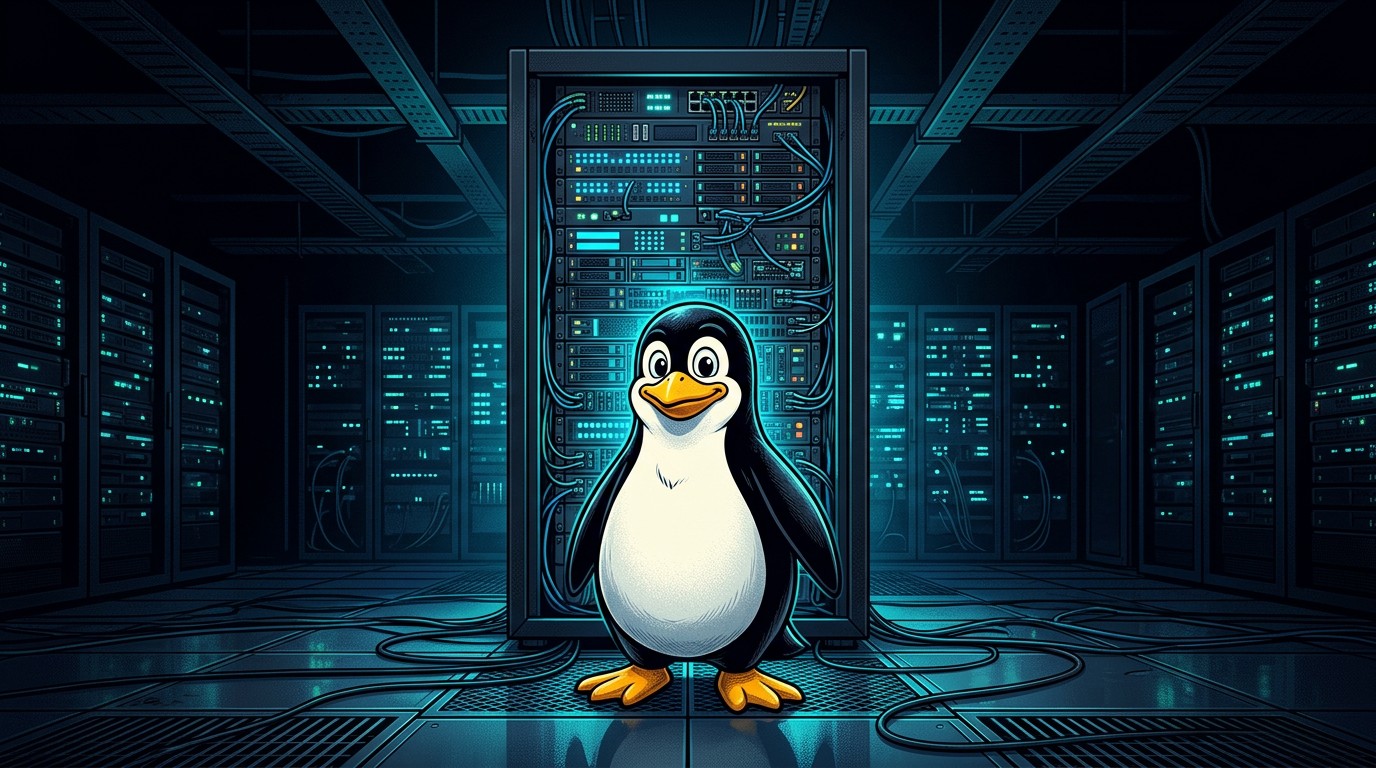 Пингвин Tux — символ Linux на фоне серверной стойки
