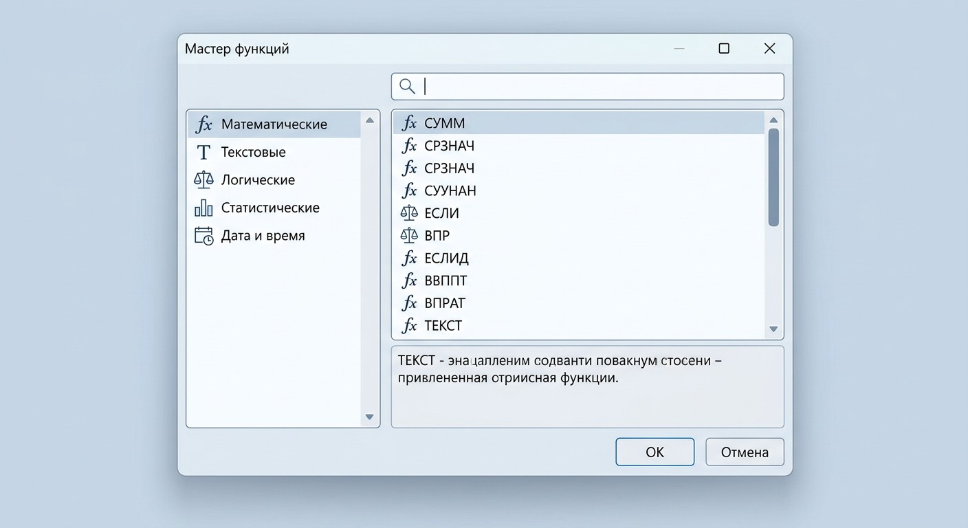 Мастер функций Excel — диалоговое окно выбора формулы