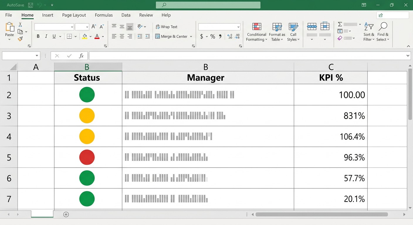 Набор значков светофора для KPI менеджеров в условном форматировании Excel