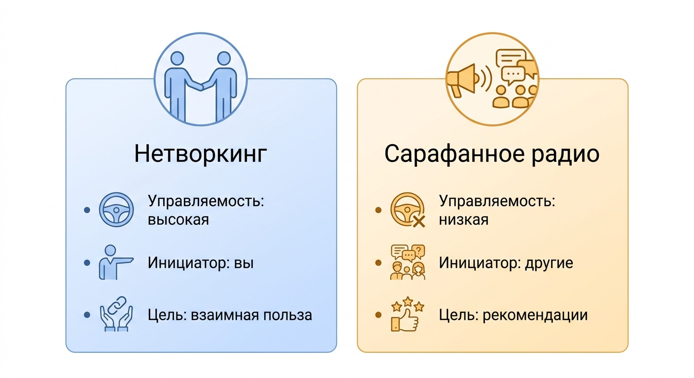 Сравнение нетворкинга и сарафанного радио — инфографика с двумя колонками