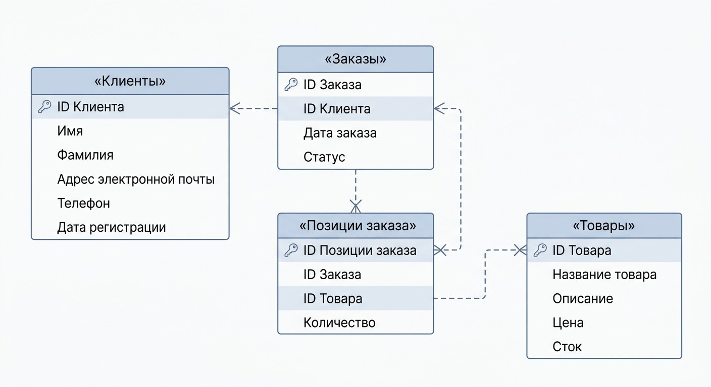 Схема нормализованных таблиц базы данных: клиенты, заказы, позиции, товары
