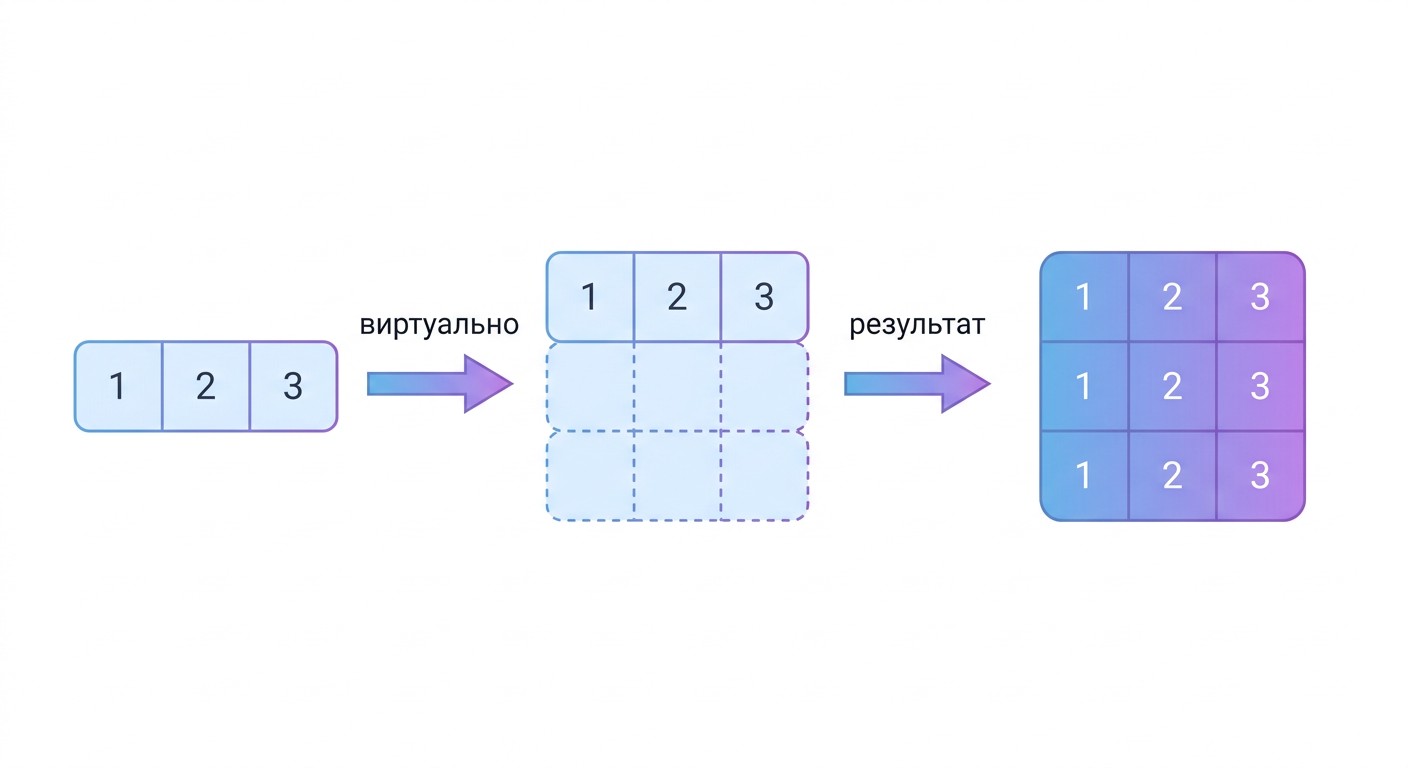 Broadcasting в NumPy — скаляр виртуально растягивается до размера массива