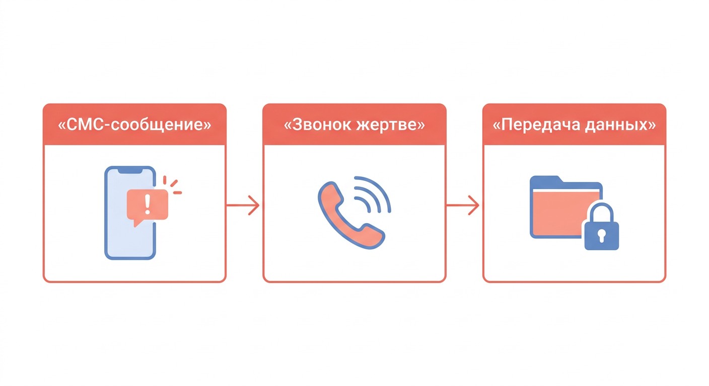 Схема обратной социальной инженерии: СМС — звонок — передача данных жертвой