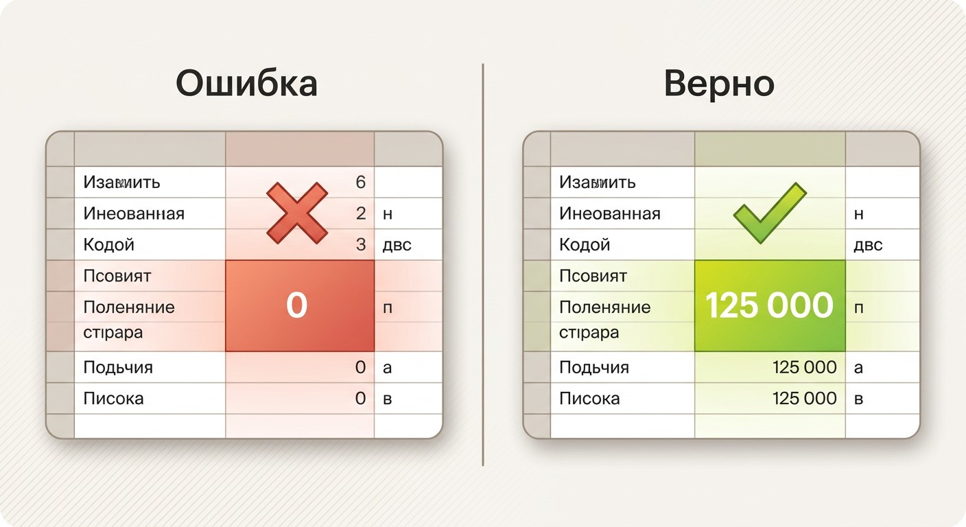 СУММЕСЛИ возвращает ноль — сравнение ошибки и правильного результата