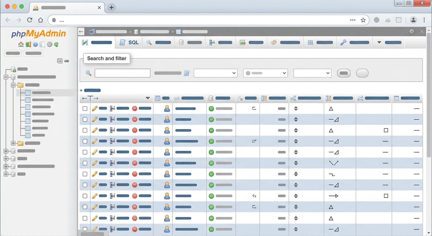 Интерфейс phpMyAdmin с таблицей базы данных MySQL