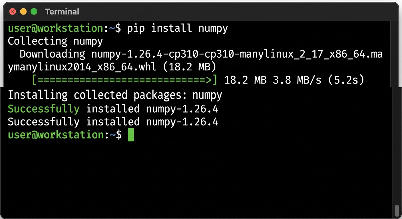 Установка библиотеки NumPy через команду pip install в терминале