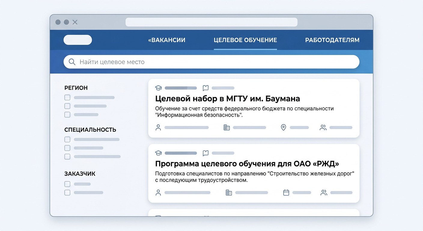 Интерфейс государственной платформы trudvsem для поиска целевого обучения