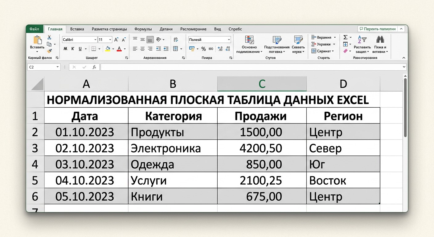 Плоская таблица данных в Excel с заголовками столбцов и пятью строками