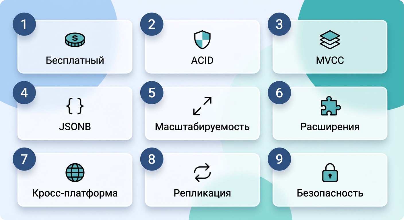 9 преимуществ PostgreSQL — инфографика с нумерованными карточками