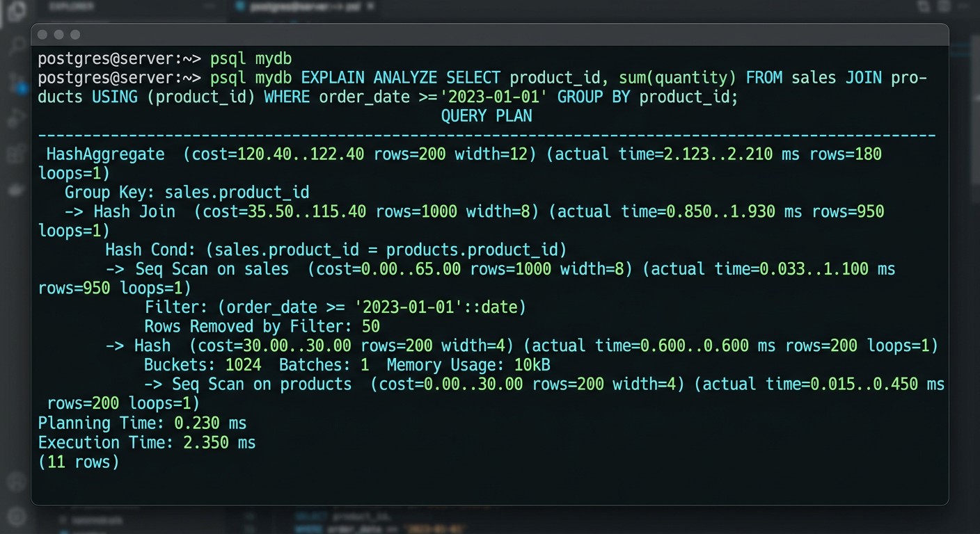 Вывод команды EXPLAIN ANALYZE в терминале PostgreSQL для анализа запроса