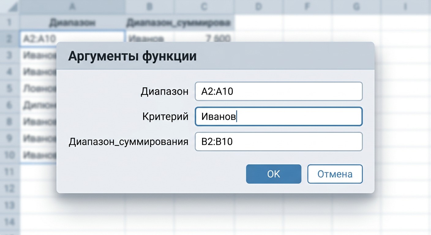Построитель формул СУММЕСЛИ с заполненными полями аргументов
