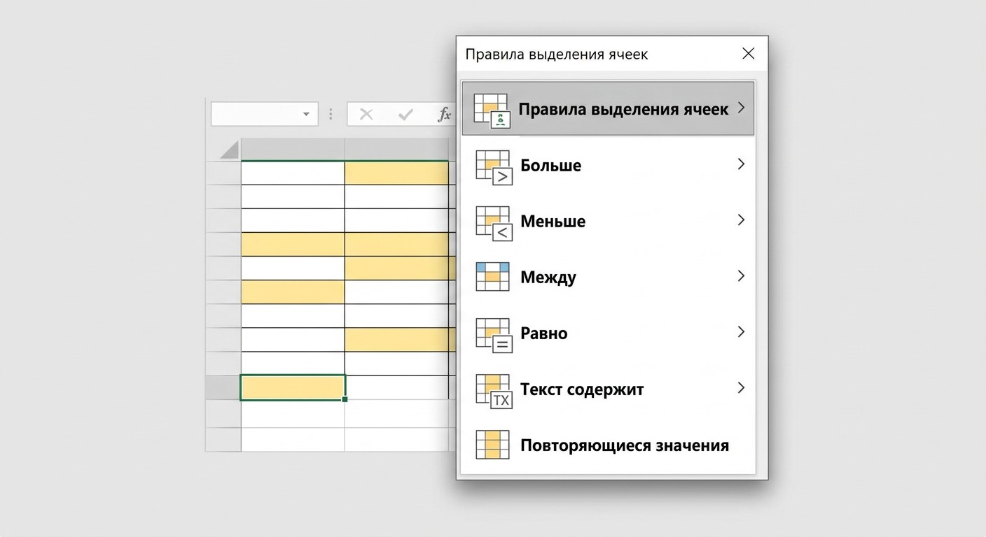 Диалог правила выделения ячеек в условном форматировании Excel