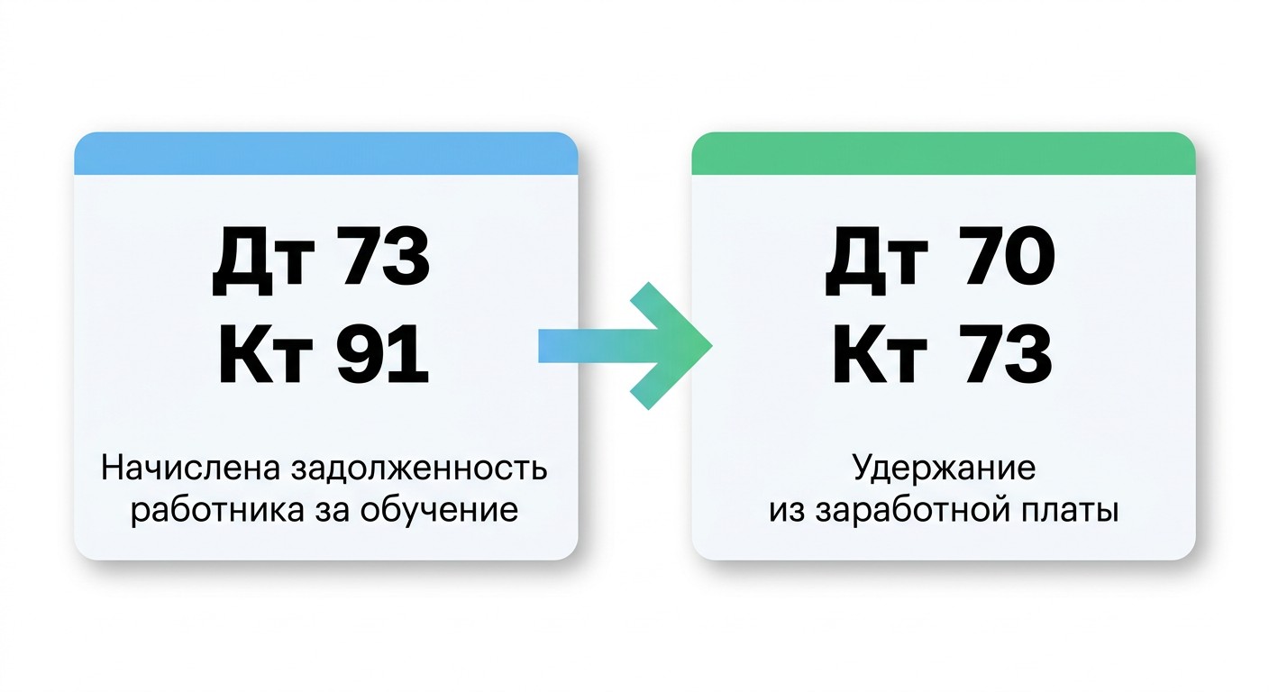 Бухгалтерские проводки при удержании за обучение: Дт 73 Кт 91 и Дт 70 Кт 73