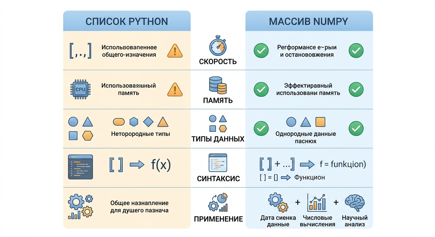 Сравнение списка Python и массива NumPy по пяти параметрам