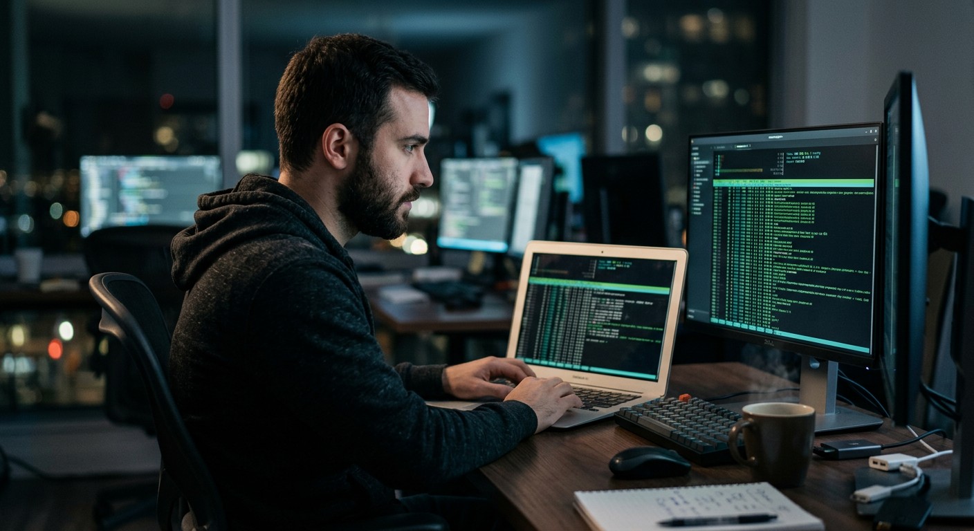 Разработчик за терминалом Linux в тёмном офисе ночью