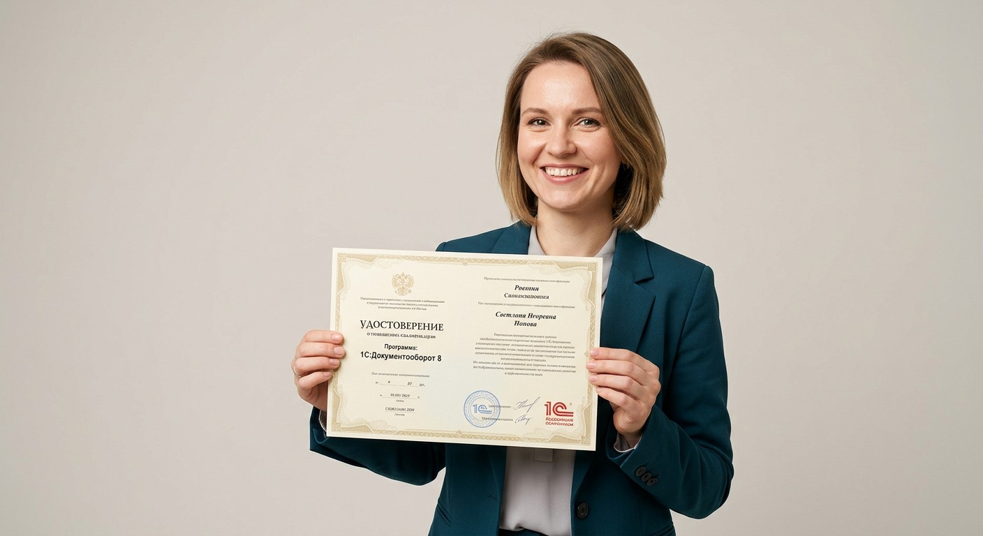 Специалист держит удостоверение о прохождении курса 1С Документооборот