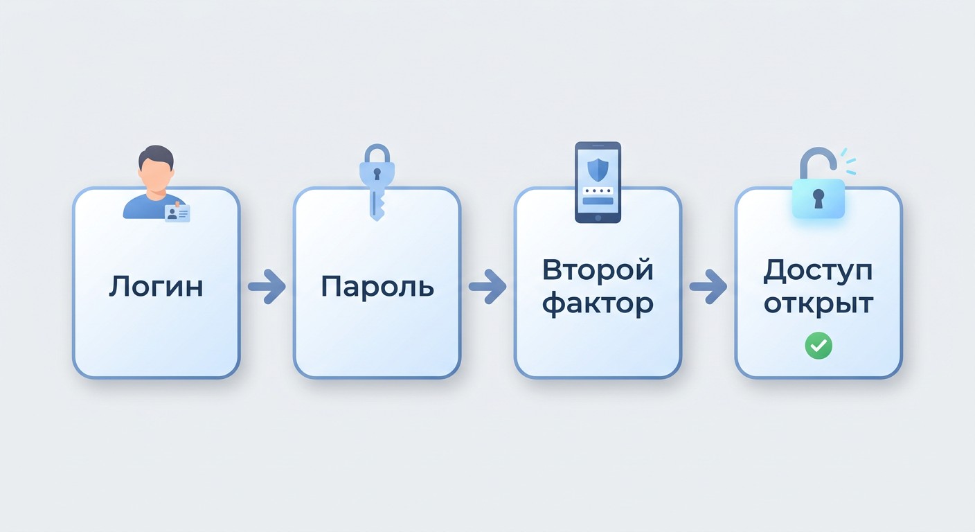 Схема работы двухфакторной аутентификации: логин, пароль, второй фактор, доступ