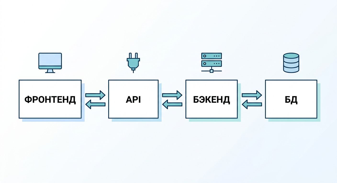 Схема архитектуры веб-приложения: фронтенд и бэкенд соединены через API