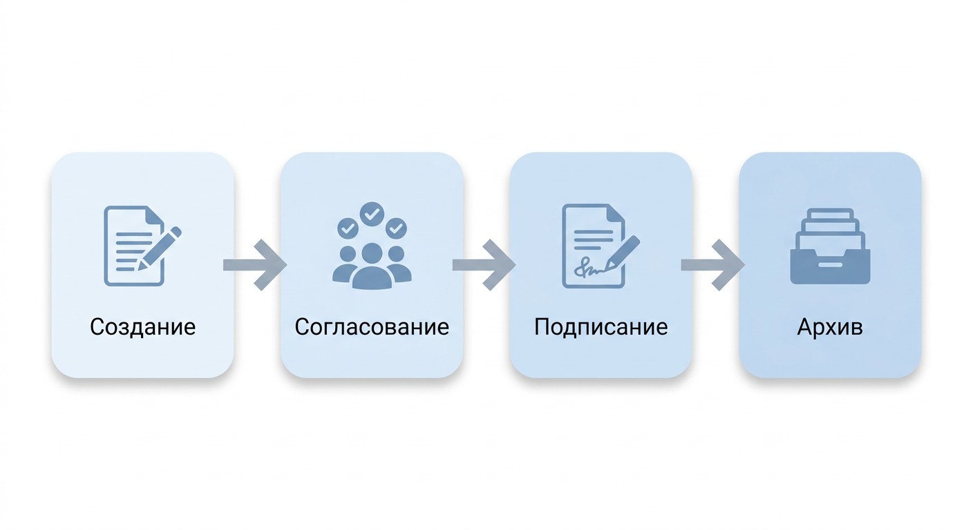 Схема движения документа через четыре этапа в системе СЭД