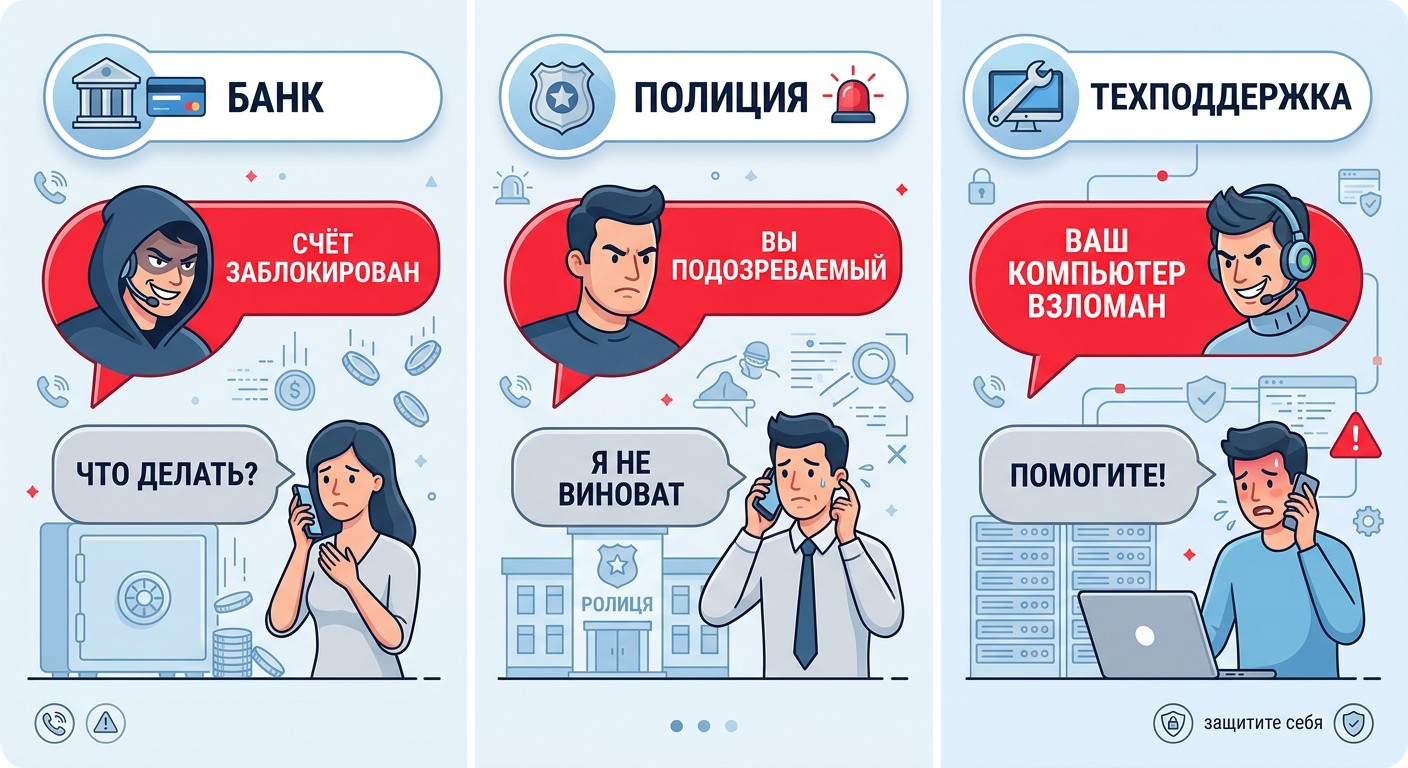 Три схемы телефонного вишинга — диалоговые пузыри мошеннических звонков