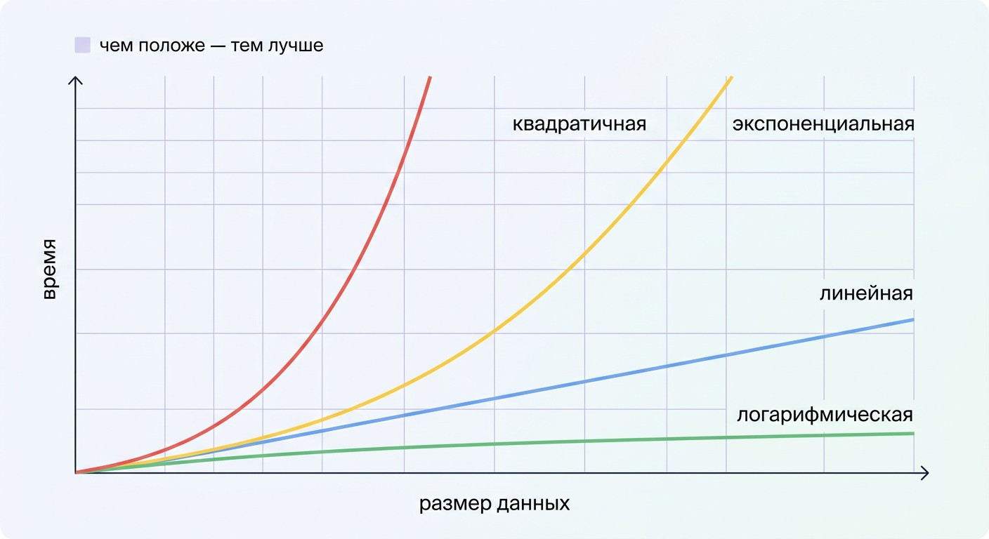 График кривых сложности алгоритмов — чем положе кривая тем лучше