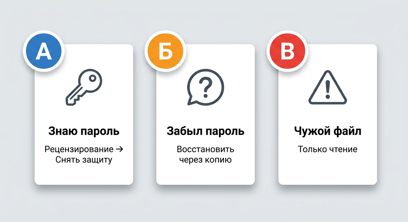 Три сценария снятия защиты листа Excel — карточки А Б В