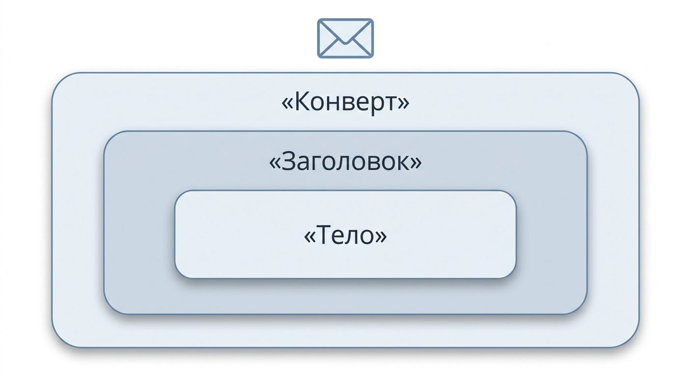 Структура SOAP-сообщения API: вложенные блоки конверт, заголовок и тело