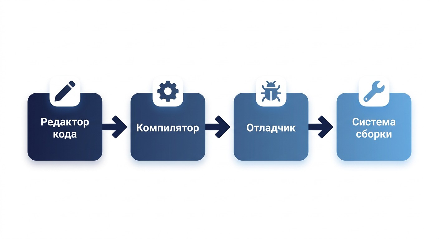 Схема компонентов IDE: редактор кода, компилятор, отладчик, система сборки