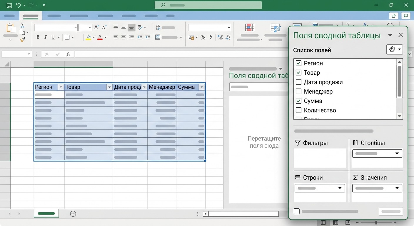 Диалог создания сводной таблицы в Excel с настройкой полей