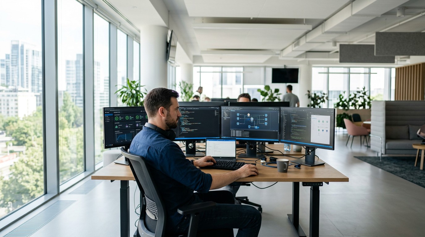 Специалист по информационным системам работает за компьютером в современном офисе