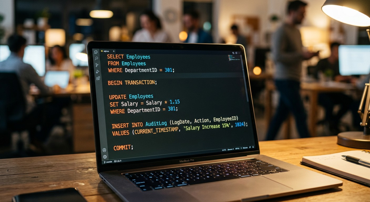 SQL-команды транзакций в редакторе кода на экране ноутбука