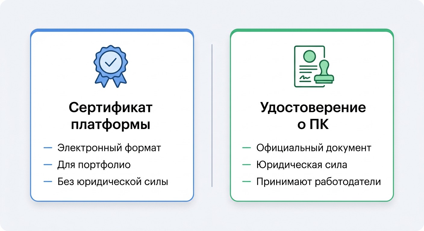 Сравнение сертификата платформы и удостоверения о повышении квалификации по ИБ