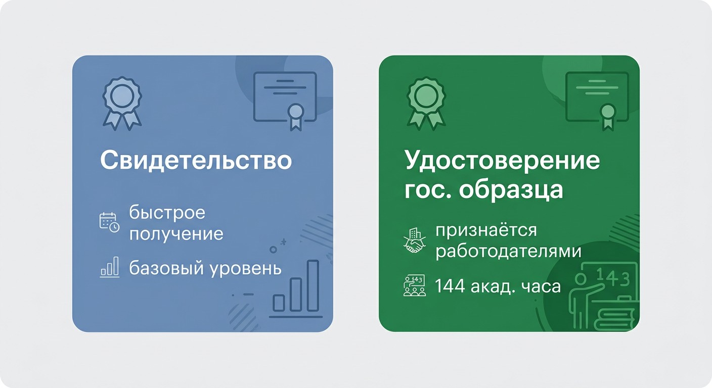 Сравнение свидетельства и удостоверения гособразца для курса 1С