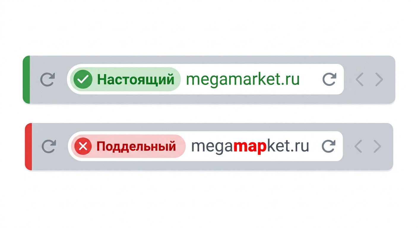 Сравнение настоящего и поддельного URL — отличие одной буквы в адресе сайта