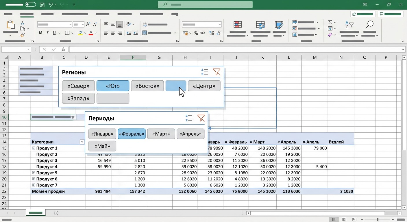 Срезы Excel подключённые к сводным таблицам с активными фильтрами