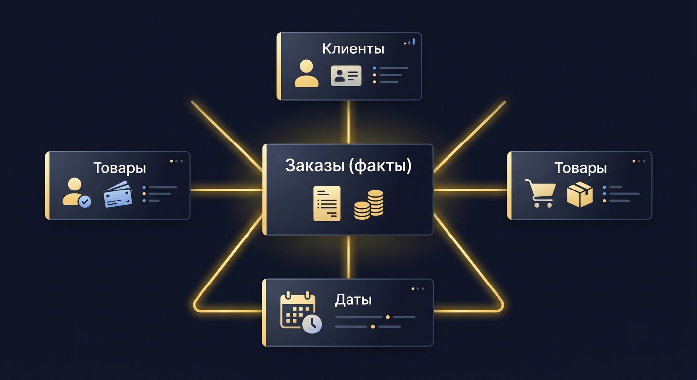 Схема звезда хранилища данных: таблица фактов заказов и три измерения