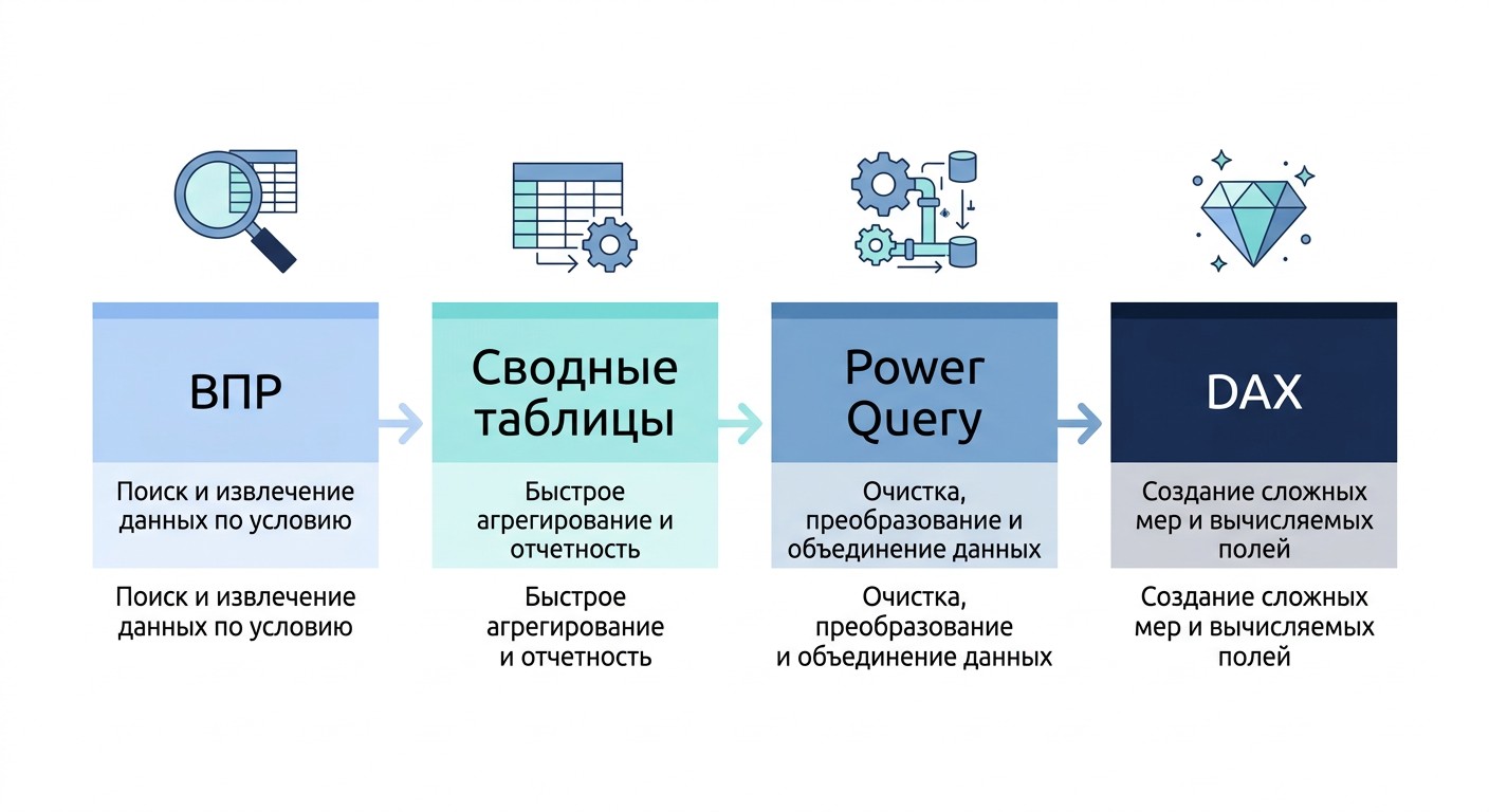 Инструменты Excel для аналитика данных: ВПР, сводные, Power Query, DAX